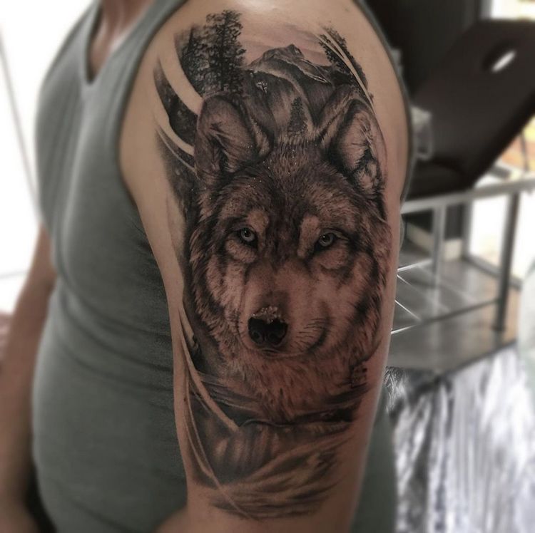 Татуировка волка на плече