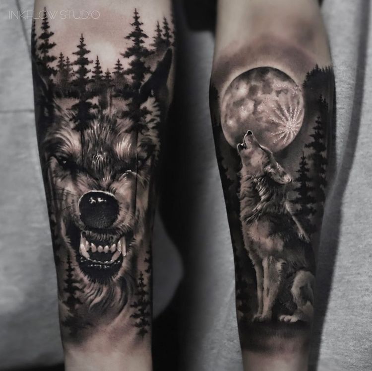 Тату волк в лесу на руке